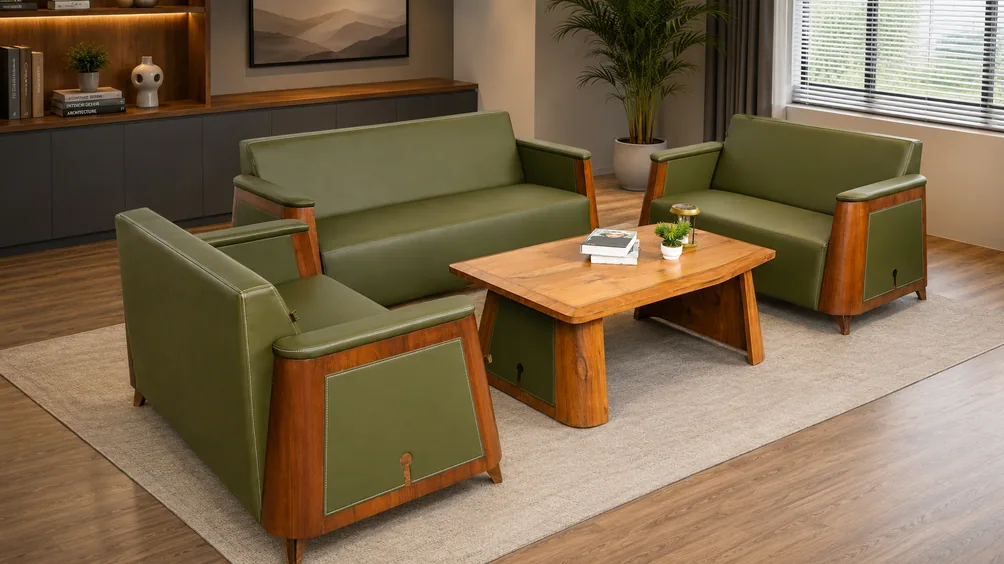 Olive-green Alfa OS-893 sofas with walnut arms around a wooden table