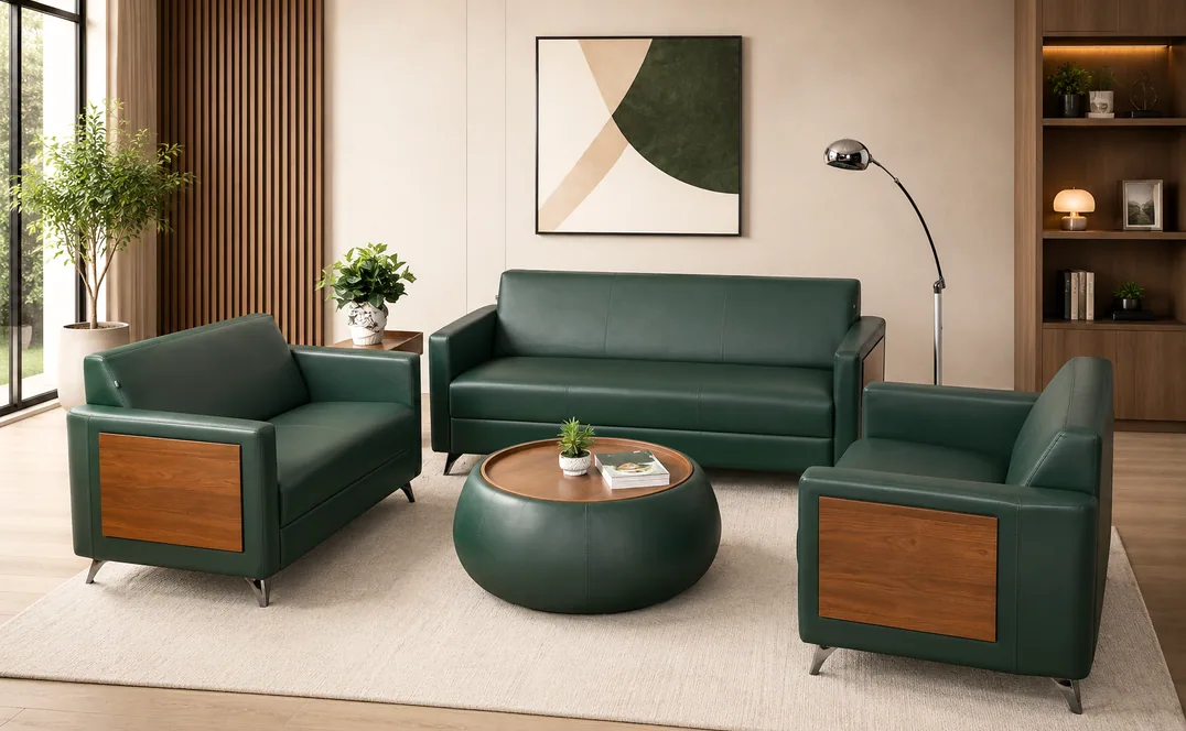 Bottle-green Alfa SOFA-862 sofas with walnut side panels around a round green table