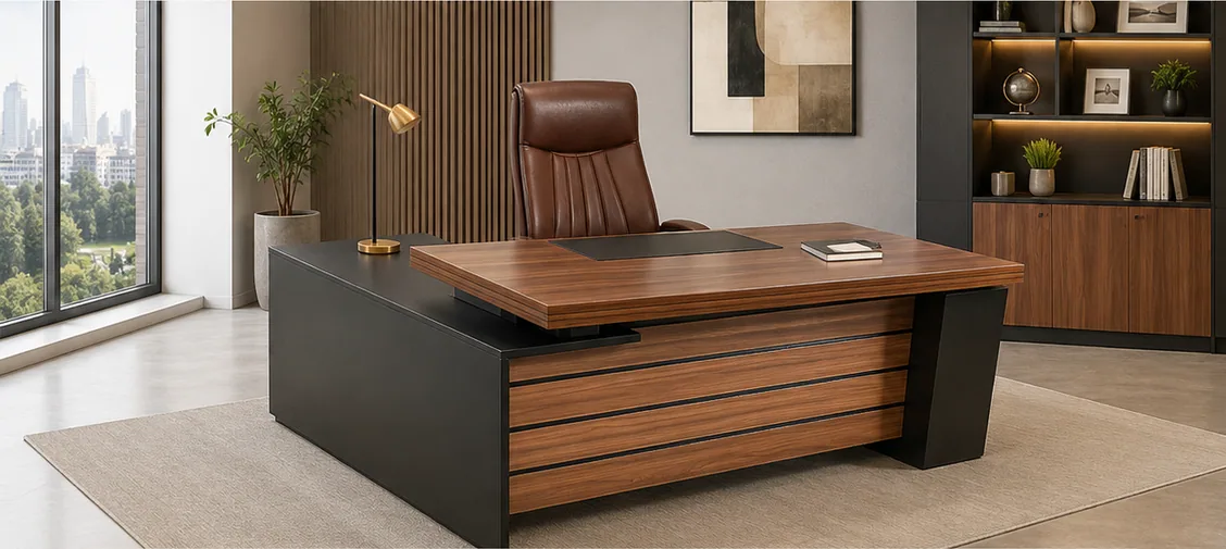 Alfa T-240 executive desk in walnut and black, in a cabin with lit shelves