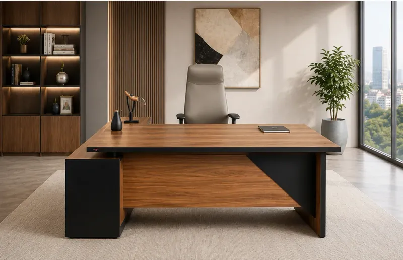 Alfa T-243 executive table in walnut and black in a cabin