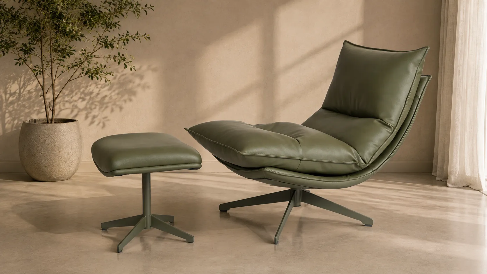 An olive-green swivel lounger with a matching footrest beside a plant