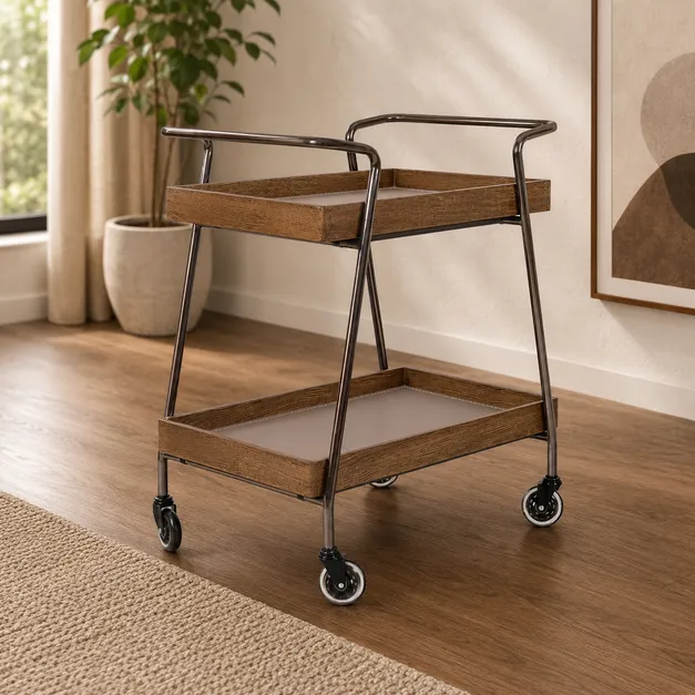 A walnut and brass bar cart beside a cream sofa