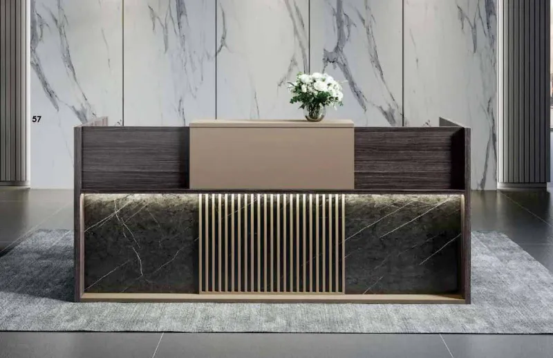 Mack CRN-QT2470 reception counter in dark wood with a marble-look panel